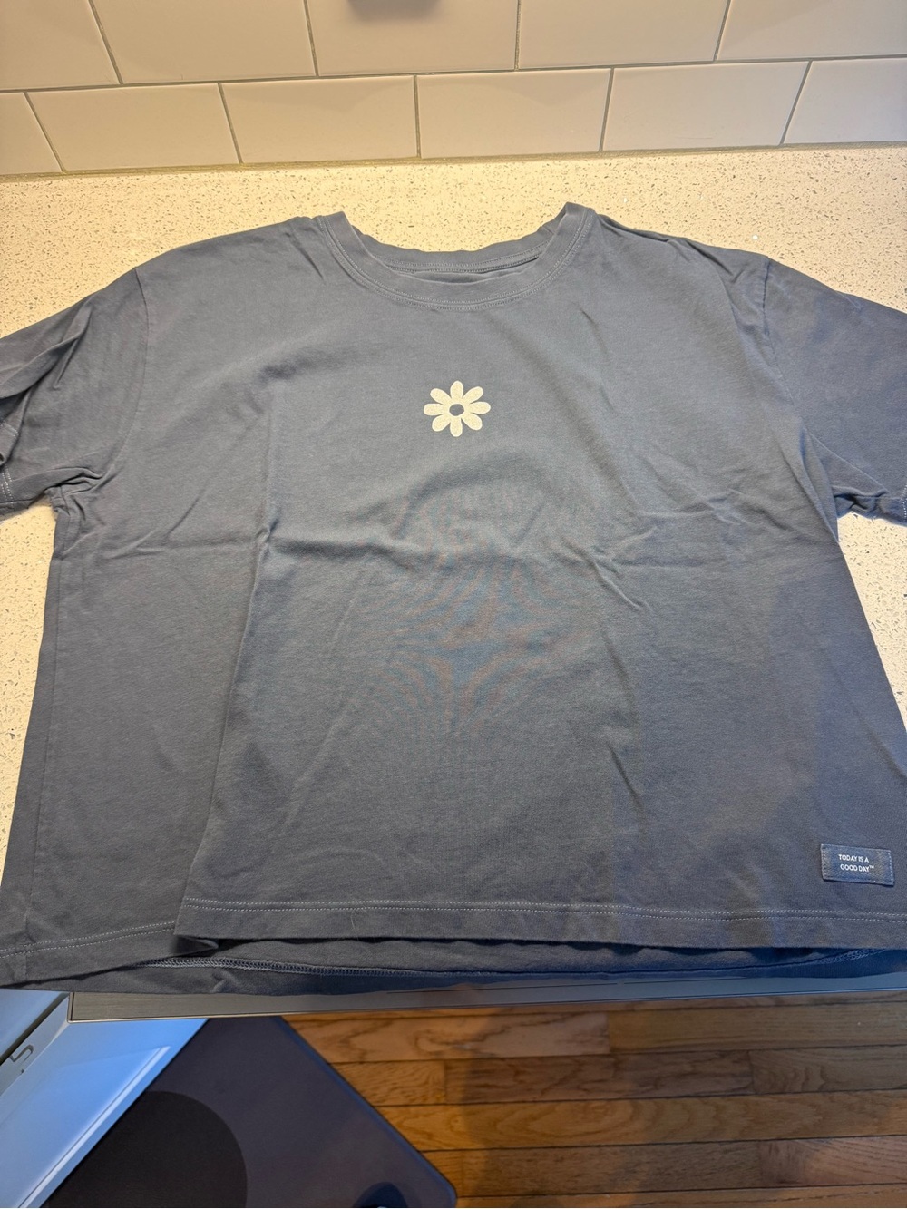 Life Is Good Dusty Blue Tee with White Daisy Chest Graphic